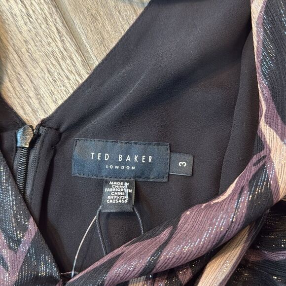 NWT TED BAKER JASMYNA RUFFLE-NECK TOP TIE-WAIST ABSTRACT BLACK MULTI TED SIZE 3 - Picture 7 of 13